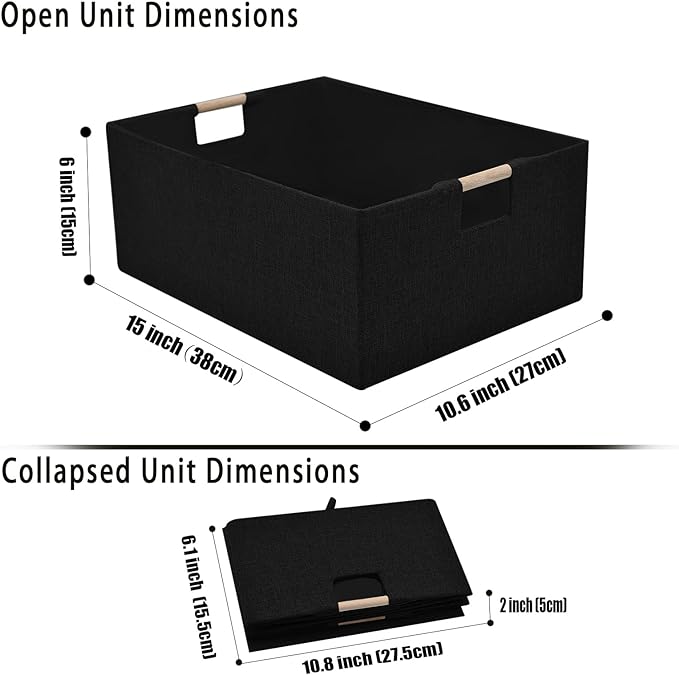 xianshengle Fabric Storage Basket for Shelves, Collapsible Storage Bins with wood Handles, Rectangle Closet Baskets, Wardrobe Organiser, for Sorting Clothes, Family Items (Black) (1)