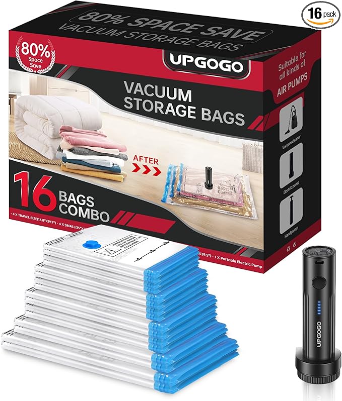 UPGOGO Combo 16 Pack Vacuum Storage Bags with Portable Electric Pump,Vacuum Seal Bags for Clothing,Space Saver Bags,Vacuum Travel Bags for Luggage