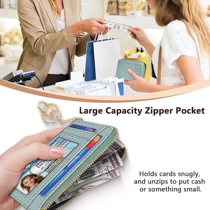 GIANCOMICS Slim Wallet Credit Card Holder Women, Light Green Rfid Blocking Small Card Case, Keychain Thin Pocket Curved Zipper Wallet, Travel Card Holder PU Leather ID Window, Ladies Female Gifts