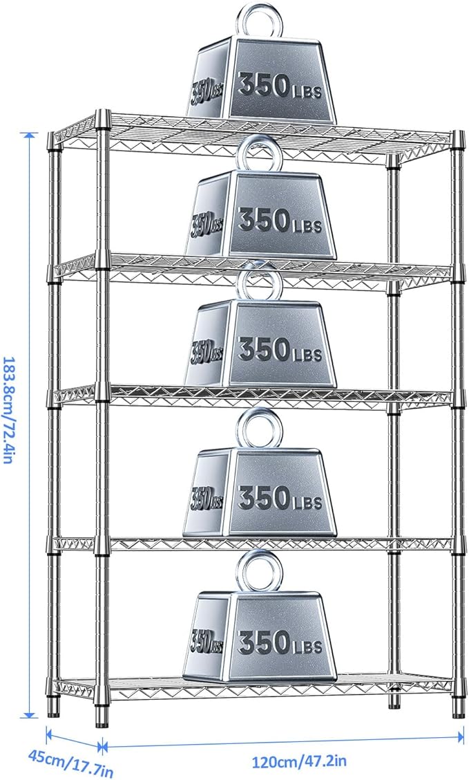 18"in Deep Heavy Duty Industrial Metal Garage Shelving for Laundry Storage | 5-Tier 1750 LBS Chrome Storage Racks and Shelving, 17.7" D X 47.2" W X 72.3" H Storage Rack for Garage, Workshop
