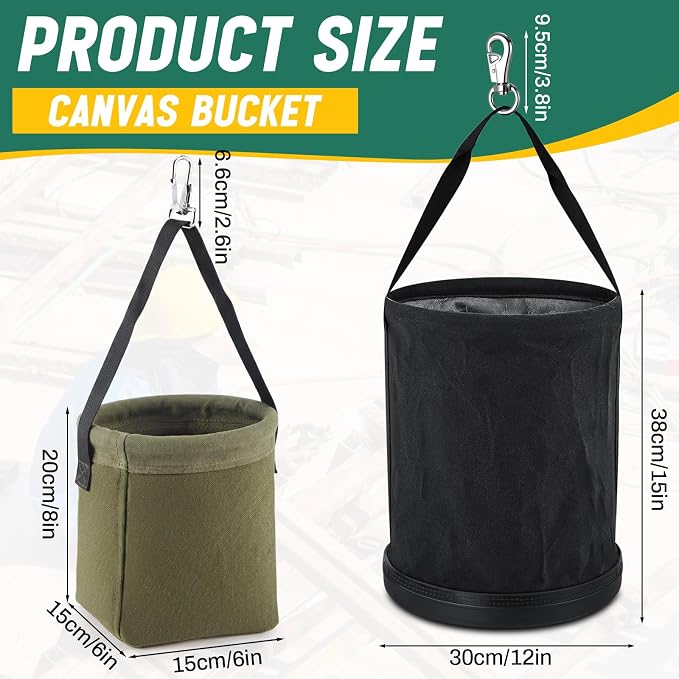 2 Pcs Lineman Canvas Tool Bucket Set Large Canvas Bucket and Mini Tapered Bottom Bag Electrician Aerial Work Tool Organizer with Plastic Bottom & Metal Hook