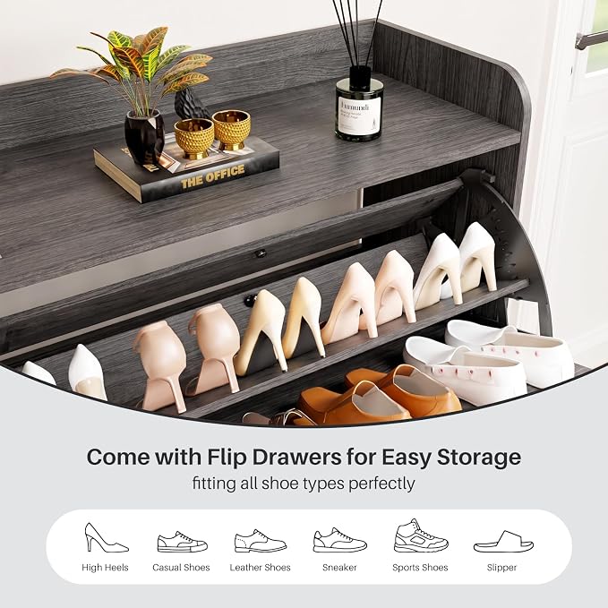 YZ HOME Shoe Storage Cabinet with 2 Flip Drawers, Entryway Shoe Cabinet with 2 Metal Hooks & Adjustable Shelves Freestanding Shoe Organizer Narrow Shoe Rack for Entrance Hallway Foyer Front Door
