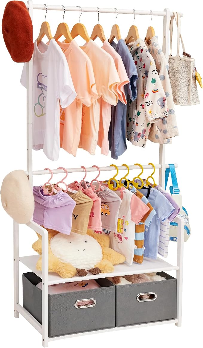 Bamboo Kids Clothing Rack: Holds Up To 121 Lbs of Dress-Up Clothes | 2 Adjustable Hanging Rods & 2 Storage Baskets With Shelf. Child Garment Holder for Playroom & Toddler Bedroom (White)