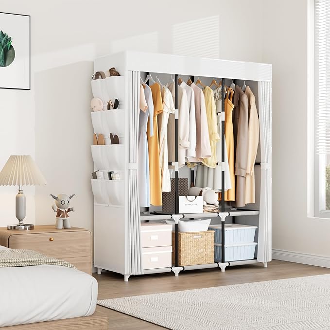 Portable Closet with Cover, 3 Hanging Rods and Side Pocket, Sturdy Free Standing Closet, White