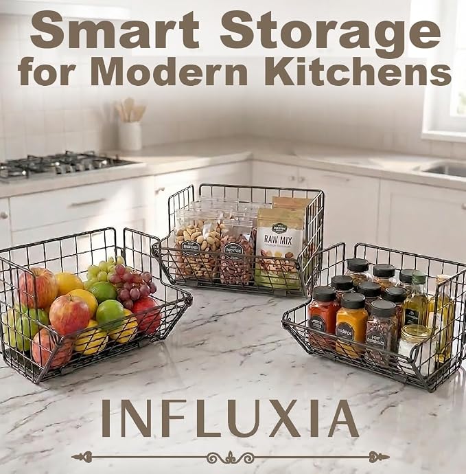 3-Tier Fruit Basket for Kitchen, 2-in-1 Countertop & Over Cabinet Door Hanging Organizer, Heavy Duty Fruit & Vegetable Storage Rack with Anti-Slip Liners, No Drilling