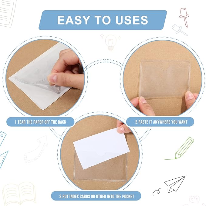 Chinco 30 Pcs Self Adhesive Pockets, Bin Labels for Storage Bins, Clear Pocket Label Sleeves, Plastic Index Card Holder with Top Open for Organizing Bins Box Drawer (4.06 x 2.48 Inches)