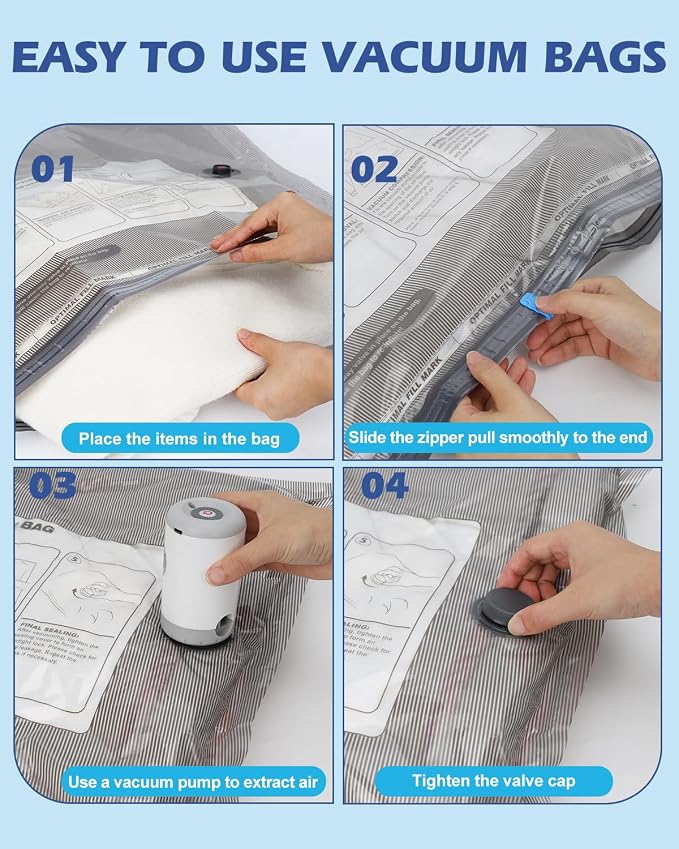 Fantictas Travel Vacuum Bags with Pump, 12 Pack Small Vacuum Storage Bags for Clothing, Travel Lugggage and Suitcase 80% Space Saver Vacuum Seal Bags for Clothing, Comforters