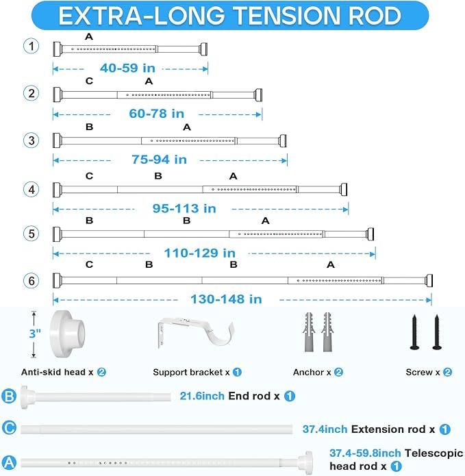 Tension Curtain Rod White Tension Rod 40 to 148 Inch Spring Curtain Rods Non Slip Tension Rods 1pcs For Windows No Drilling Adjustable Tension Rods of Curtains Window Closet Kitchen Wardrobe
