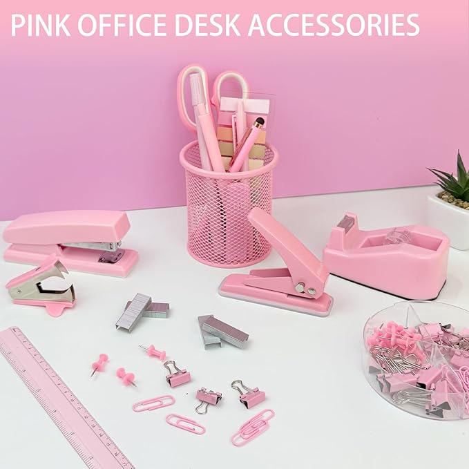 JIZHIYUAN Pink Desk Accessories Set - 16 Pcs Pink Office Supplies with Stapler, Tape Dispenser, Pen Holder, Staple Remover, Hole Punch, Practical Aesthetics Desk Sets for Office, Home, School Women