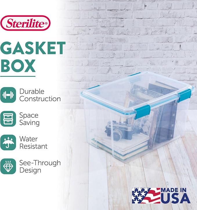 Sterilite 12-Pack Gasket Box, Weather-Resistant Storage Bins with Latching Lids, 54 Quart - Heavy-Duty Organizing Containers for Closet, Bathroom, and Office