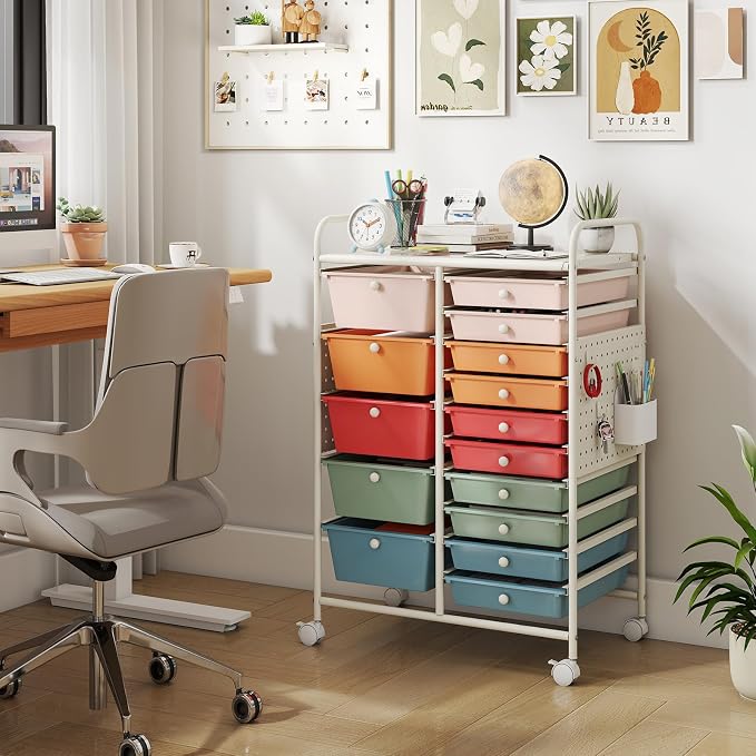 DREAMADE 15-Drawer Rolling Storage Cart, Craft Organizer Cart, Macaron | Mobile Utility Cart with Metal Pegboard Panels, Tabletop and Lockable Wheels for Classroom, Office, Studio and Playroom