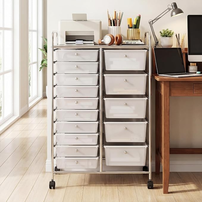 DREAMADE 15-Drawer Rolling Storage Cart, Mobile Craft Cart, Clear | Utility Organizer with Lockable Wheels, Removable Plastic Drawers and Metal Frame for Home Office, Classroom and Studio