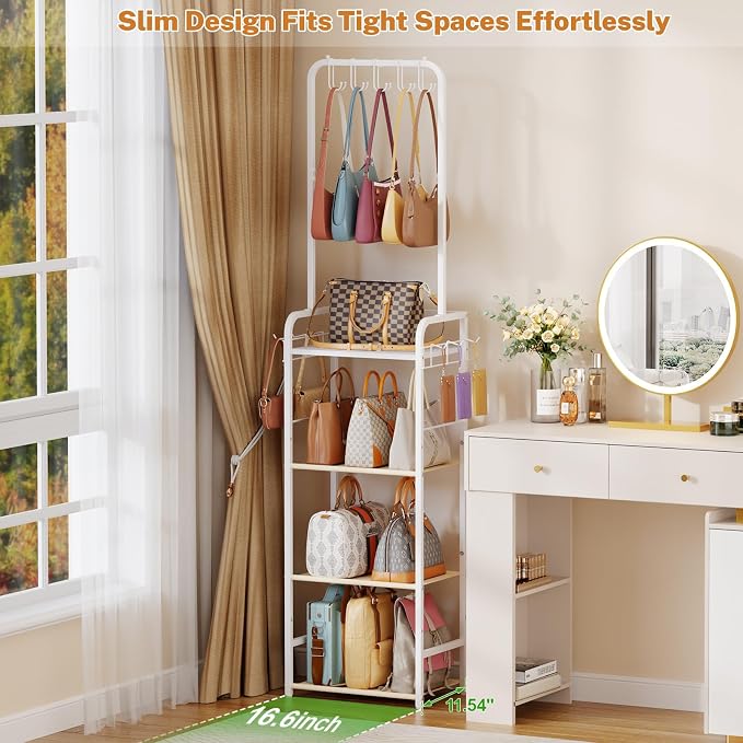 Tall 5-Tier Purse Organizer for Closet with 5 Purse Hanger, Large Purse Rack Stand with 6 Side Hooks, Adjustable Handbag Organizer Shelf, Space-Saving Narrow Purse Storage Organizer for Small Place
