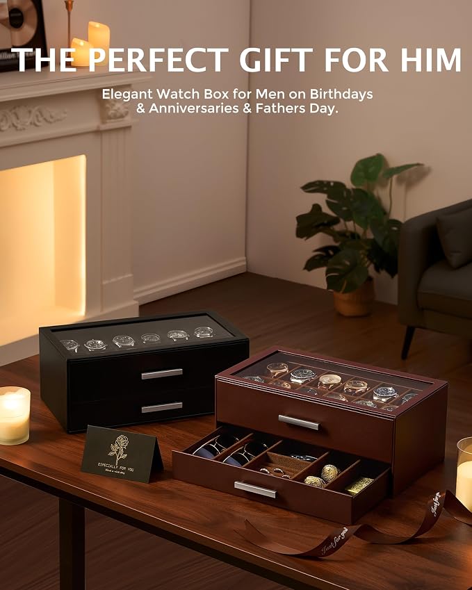 ProCase 12-Slot Watch Case for Men, 2-Tier Pull-Out Drawers Box -Espresso | Fathers Day Gift for Dad Men with Display Clear Top Lid, Jewelry Sunglasses Storage Organizer, Anniversary Birthday Gifts