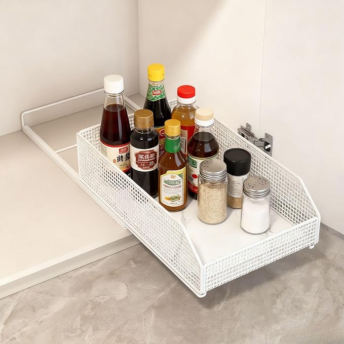 Pull-Out Cabinet Organizer, Heavy Duty Slide out Pantry Shelves Drawer Storage, Self-Adhesive Slide-Out Pantry Shelves, Under Sink Storage Basket, Carbon Steel, 15.3" W x 11.8" D x 5.5" H