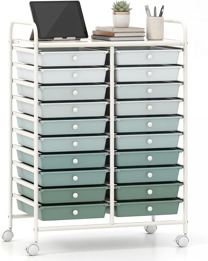 COSTWAY 20-Drawer Rolling Storage Cart, Utility Storage Organizer Cart | For Tools, Scrapbook, Paper, Craft, Multipurpose Storage Trolley on Wheels for Home Office School (Green Gradient)