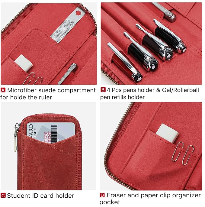 CONTACTS Full Grain Leather Pencil Case for Women Handmade Vintage Zipper Pen Holder Pouch with Card Slot Pens Organizer Pockets Stationery Bag (Red)