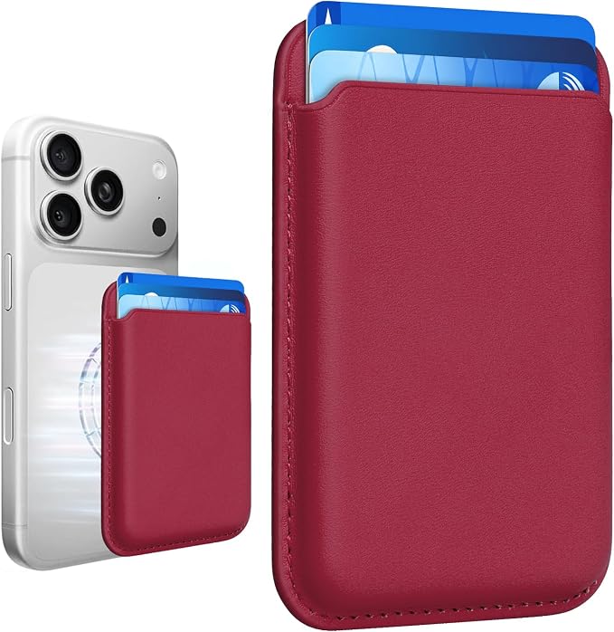 Magnetic Wallet Phone Card Holder for Phone Case with Mag-Safe, Stronger Magnetic RFID Leather Phone Wallet Stick on Series of iPhone 17/16/15/14/13/12 and Pro/Promax, Burgundy