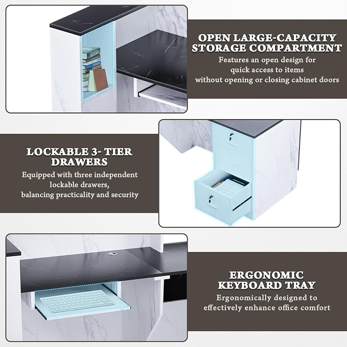Ceridwen L-Shaped Large Wooden Reception Desk, Modern Front Desk Reception Counter with Lockable Drawers, Storage & Keyboard Tray for Office Lobby Checkout (Left-Black & White, 71''L x 42''W x 41''H)