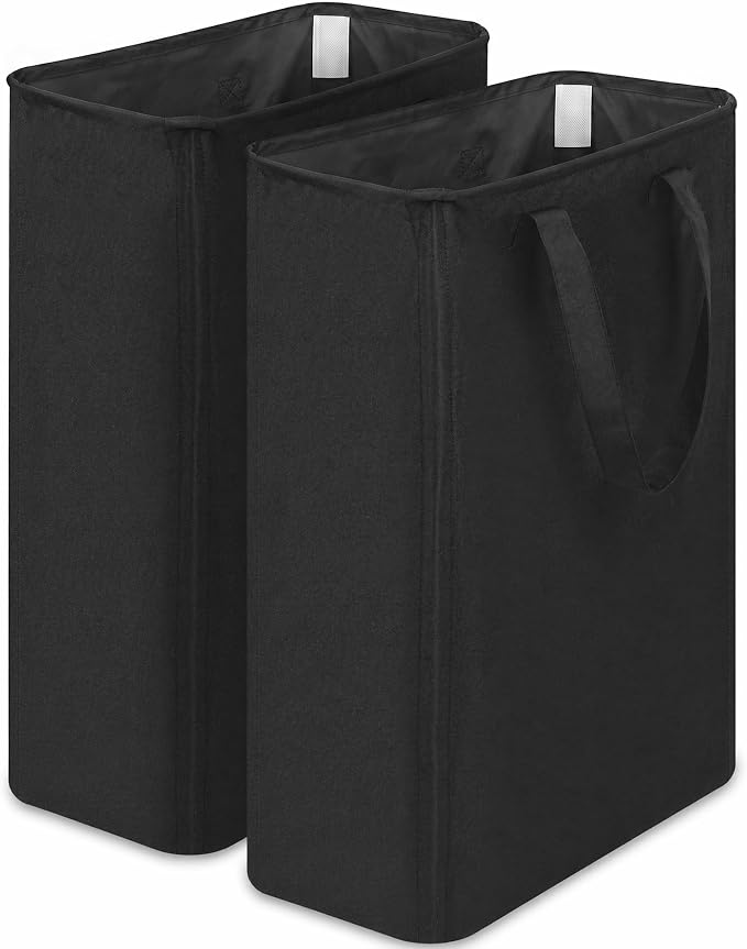 efluky 2 Pack Slim Laundry Basket with Lid, Narrow Laundry Hamper with Handles, Collapsible Dirty Clothes Hamper, Tall Laundry Bin for Laundry Room, Dorm and Bedroom, 50L Black