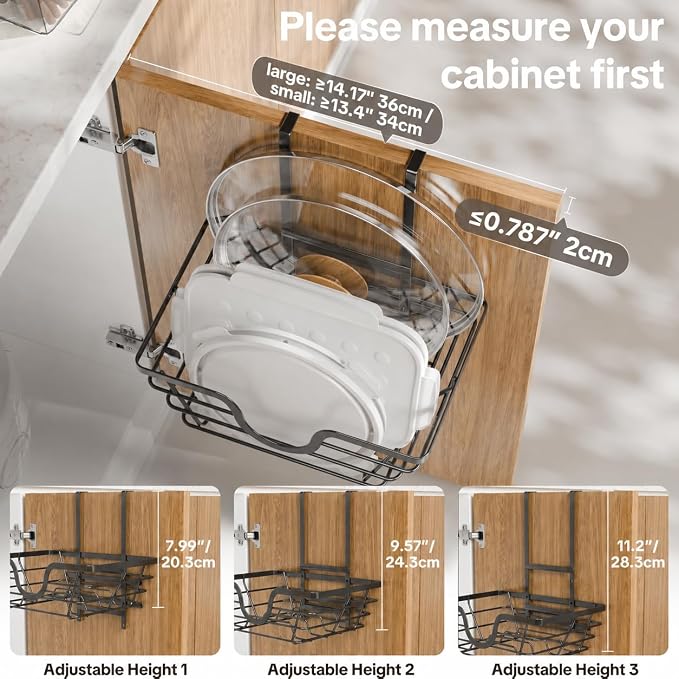TIDIIABODE Pot Lid Organizer 2 Pack, Adjustable Kitchen Pot Lid Holder Inside Cabinet, Kitchen Cabinet Organizer Hanging for Food Storage Container, Pot, Pan Lid & Bakeware, Black