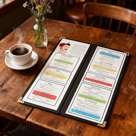Goodsmart Restaurant Menu Covers - 25 Pack Black 2 Pages / 4 Views 4.25" x 14", Top-Loading Vinyl Menu Holders with Clear Sleeves, Double-Stitched Edge, Leather-Style Café Covers with Gold Corners