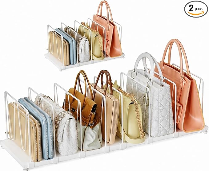 Dmevkic Extendable Purse Organizers Purse Storage. Length 15-27inch. Bag Organizer Purse Holder for Closet with 8 Adjustable Shelf Dividers（White）
