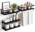 Fixwal Wall Mounted Bathroom Shelves Over Toilet, Rustic Wood Floating Shelves with Metal Frame and Towel Bar for Bathroom, Kitchen, Bedroom, Living Room (3 Plus 1 Black)