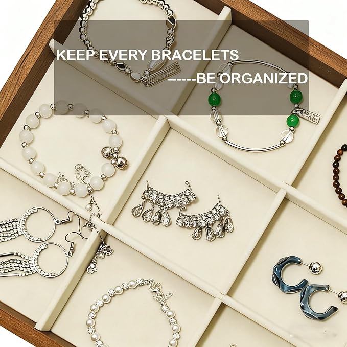 Large Jewelry Trays for Drawers Stackable Velvet Jewelry Display for Vendors Jewelry Drawer Organizer Inserts for Rings Necklace Bracelets Earrings and Studs Earrings (Beige, 12 Grid)