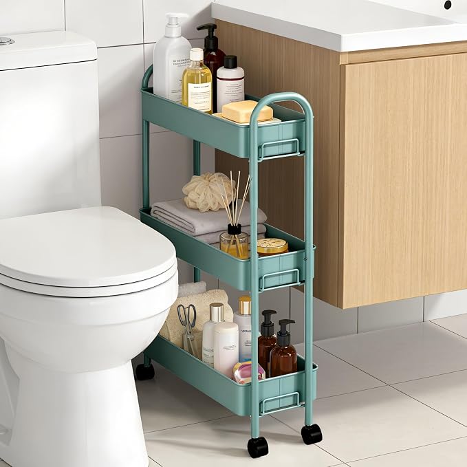 Slim Rolling Cart, Metal Frame Utility Rolling 3-Tier Narrow Storage Cart with Handle Kitchen Storage Organizer, Mobile Shelving Unit for Bathroom Kitchen
