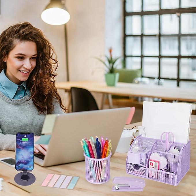 Desk Organizers and Accessories, Office Supplies 15PS Set with Stapler, Staple Remover, Pen Holder, Clips Set, Tape Dispenser, Tape, Phone Holder, 1000 Staples, Ruler, Scissors (Purple)