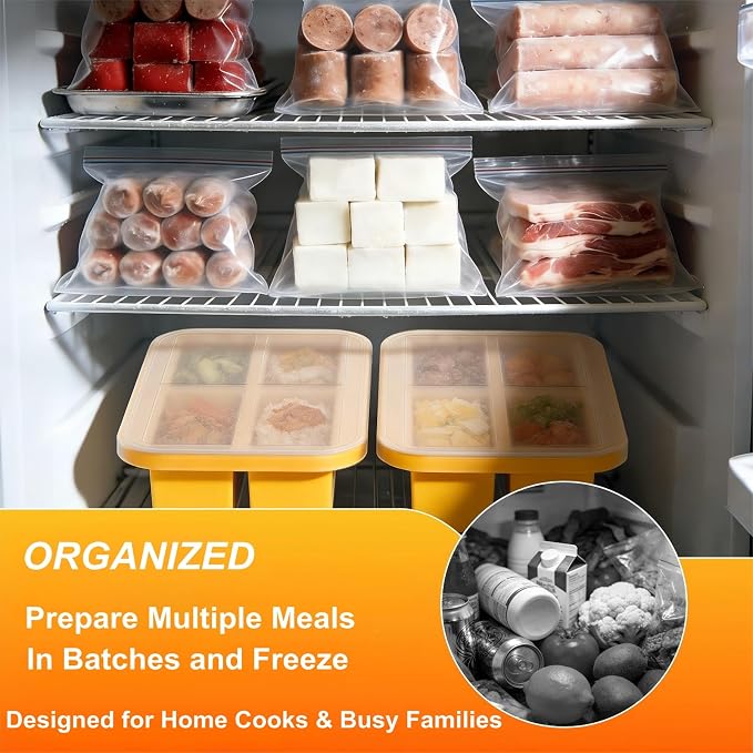 Bangp 1-Cup Silicone Freezer Molds with Lid for Soup Ice Cubes | Food Freezer Container Molds for Meal Prep,Rice,Broth,Leftovers,Makes 4 Perfect 1 Cup Portions,Oven & Dishwasher-Safe