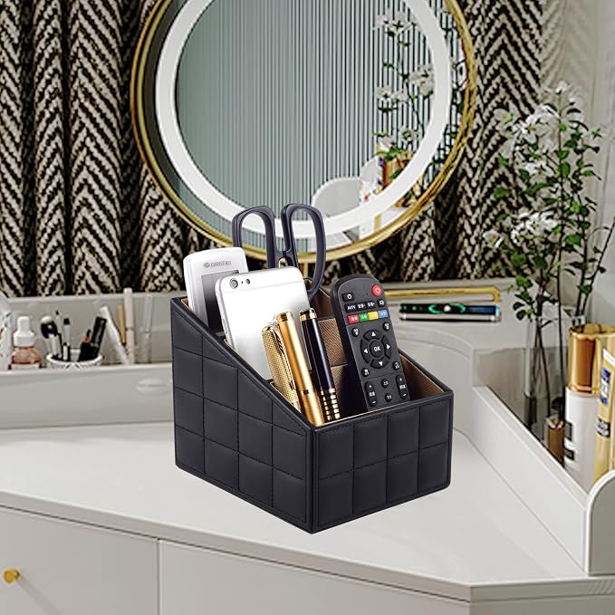 Fashionable PU Leather TV Remote Control Holder with 3 Compartments, Storage Rack, Storage Box, Media Accessory Storage, Desk Organizers (Black Grid)