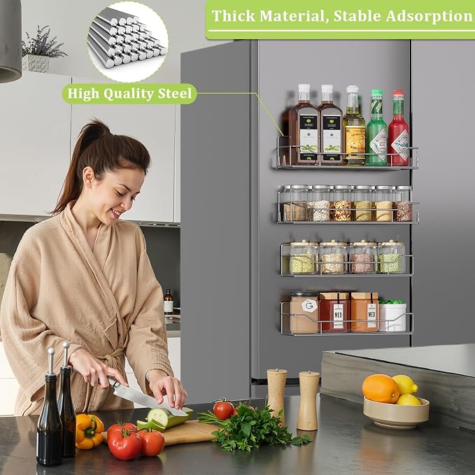 Magnetic Spice Rack for Refrigerator, 4 Pack Metal Strong Magnet Spice Organizer Shelves, Magnetic Fridge Shelf for Kitchen Seasoning Organizer Gadgets, Home Organization and Storage (Grey)
