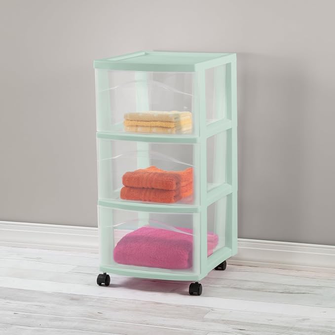 Sterilite 4 Pack 3 Drawer Storage Cart, Plastic Rolling Organization, Mint | Clear Plastic Organizer Drawers with Wheels for Craft Supplies, Bath Essentials, or Home Accessories