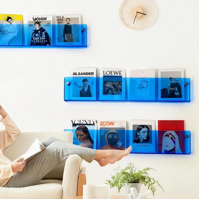 ROYALITA 2-Pack Acrylic Magazine Holder Brochure Holder, Blue 36 Inch | Record Magazine Rack, Fashion Floating Bookshelf, Literature Storage Rack for Waiting Room, Living Room, Office