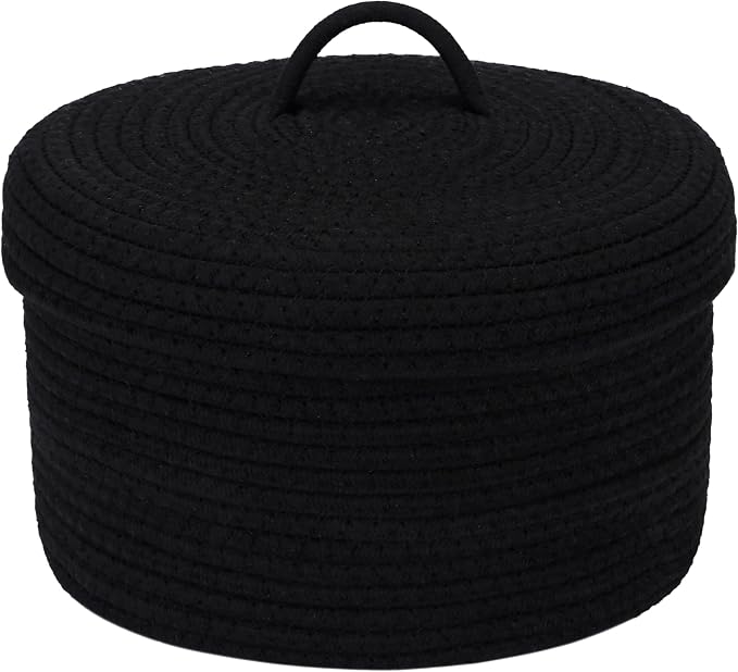 Sea Team Round Cotton Rope Storage Basket with Lid, Lidded Woven Storage Bin, Nursery Storage Container, Diaper Caddy, Baby Shower Basket, Box, Organizer, 11.8 x 11.8 x 6.7 Inches (Medium, Black)