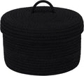 Sea Team Round Cotton Rope Storage Basket with Lid, Lidded Woven Storage Bin, Nursery Storage Container, Diaper Caddy, Baby Shower Basket, Box, Organizer, 11.8 x 11.8 x 6.7 Inches (Medium, Black)