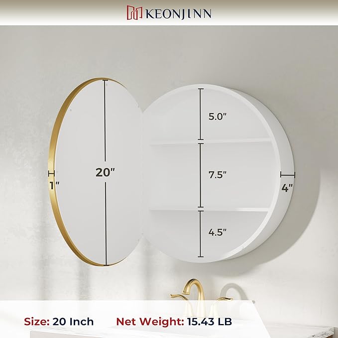 Keonjinn 20x20 Inch Round Gold Medicine Cabinet Mirror for Bathroom, Gold Surface Mount Medicine Cabinet with Mirror, Circular Framed Mirrored Medicine Cabinets, Modern Cabinet with Vanity Mirrors