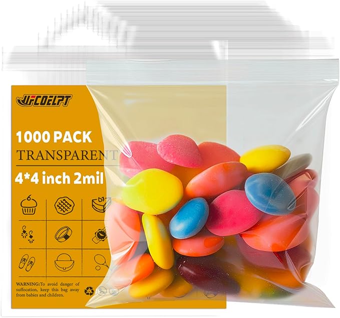 4x4 Small Plastic Bags Bulk 1000 Count, 2mil Clear Reclosable Zipper Poly Bags for Storage and Packing