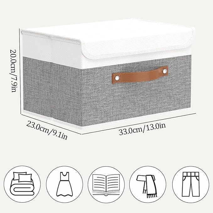 OUTBROS Large Collapsible Storage Basket with Lid, Linen Fabric Containers, Wardrobe Organiser For Towels, Clothes, 13 x 9.1 x 7.9 inch, White/Grey, 5-Pack
