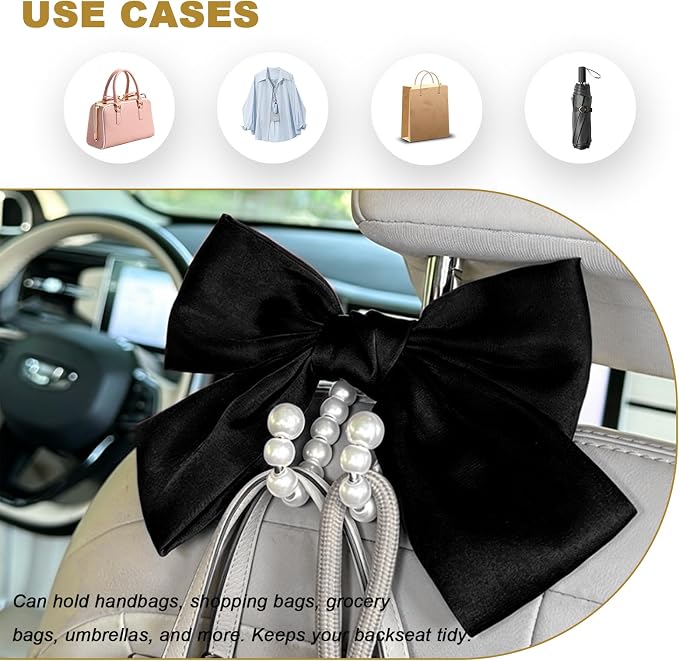 2 PCS Bow Pearl Car Seat Headrest Hook, Auto Rear Seat Hanging Organizer Elegant Pearl Decoration, Cute Bow Vehicle Interior Seatback Storage Hooks for Handbags Purses Groceries (Black)