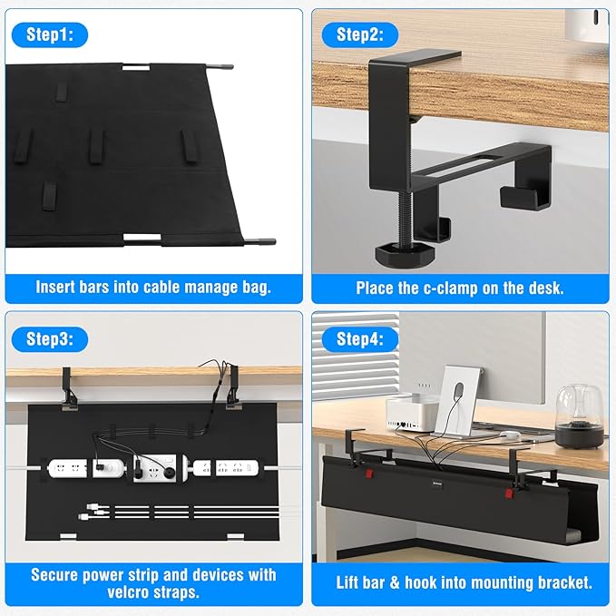 No Drill Under Desk Cable Management Tray, 28" Cord Management Tray with Cable Loop, Upgraded Oxford Fabric Wire Management for Standing Desk - No Damage to Table