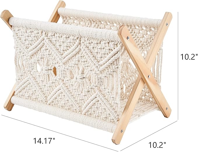 Mkono Macrame Magazine Holder, Boho Woven Book Rack Basket, 14" L x 10" W | Boho Decor, Mail Paper Vinyl Storage, Living Room Bedroom Bathroom Nursery Dorm Office, Handwoven,Space-Saving, Ivory