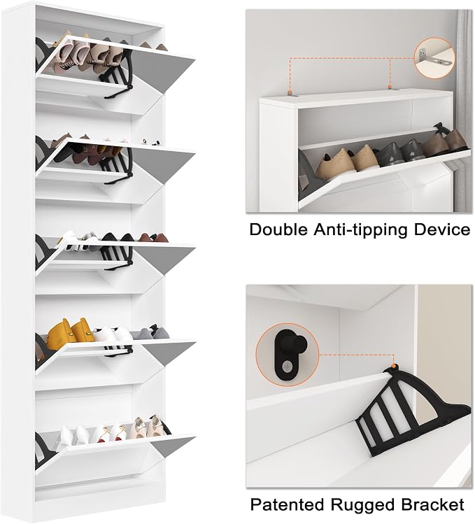 Mirror Shoe Cabinet, Hidden Shoe Storage Organizer with Flip Drawers Door, 5 Tier Free Standing Shoe Rack for Closet, Entrance | Real Glass Mirror | Fits Men's Size 15 | Narrow Organizer | Entryway Storage | Space-Saving | White