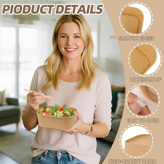 50 Pack 22 oz Paper Food Containers with Lids, Meal Prep Containers Disposable Large Paper Bowls, Microwavable and Freezer Storage Use Cardboard Food Containers