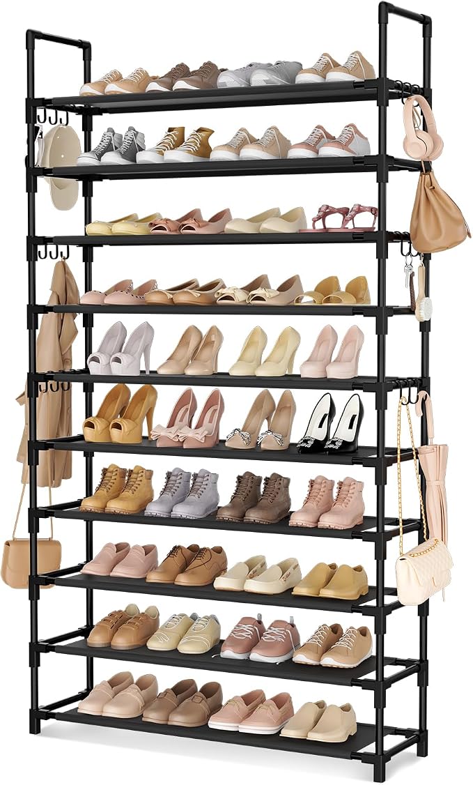 LANTEFUL Tall Shoe Rack 10 Tier Shoe Organizer Large Shoe Shelf with 18 Hooks Storage for 50 Pair, Stackable Vertical Shoe Rack Organizer for Closet, Entryway, Bedroom