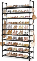 LANTEFUL Tall Shoe Rack 10 Tier Shoe Organizer Large Shoe Shelf with 18 Hooks Storage for 50 Pair, Stackable Vertical Shoe Rack Organizer for Closet, Entryway, Bedroom