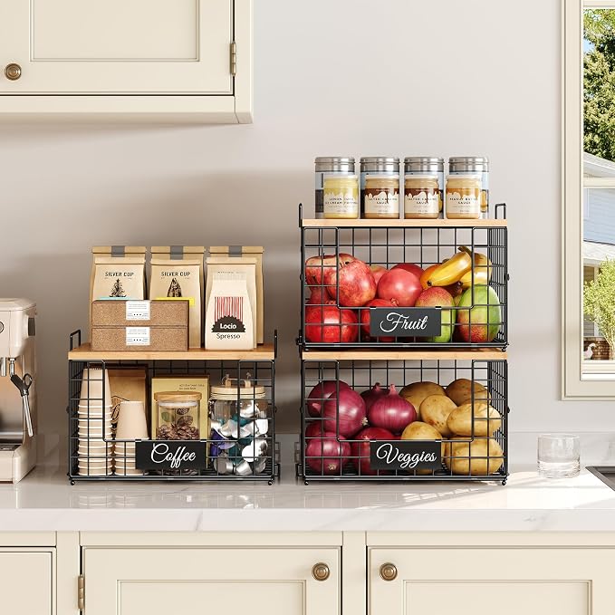 2 PACK XXL Potato and Onion Storage Bins, Pantry Organizers and Storage | Stackable Wire Baskets with Wooden Tops & Tags, Kitchen Counter Organizers Bins for Potato, Onion, Fruit, Vegetable, Garlic