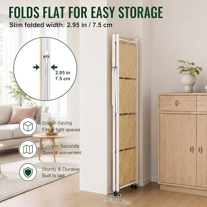 black leopard 5-Tier Foldable Shelf with Wheels, Wood-Grain Steel Shelves | Pre-assembled frame unfolds in seconds with tool-free wheel setup for fast, convenient use